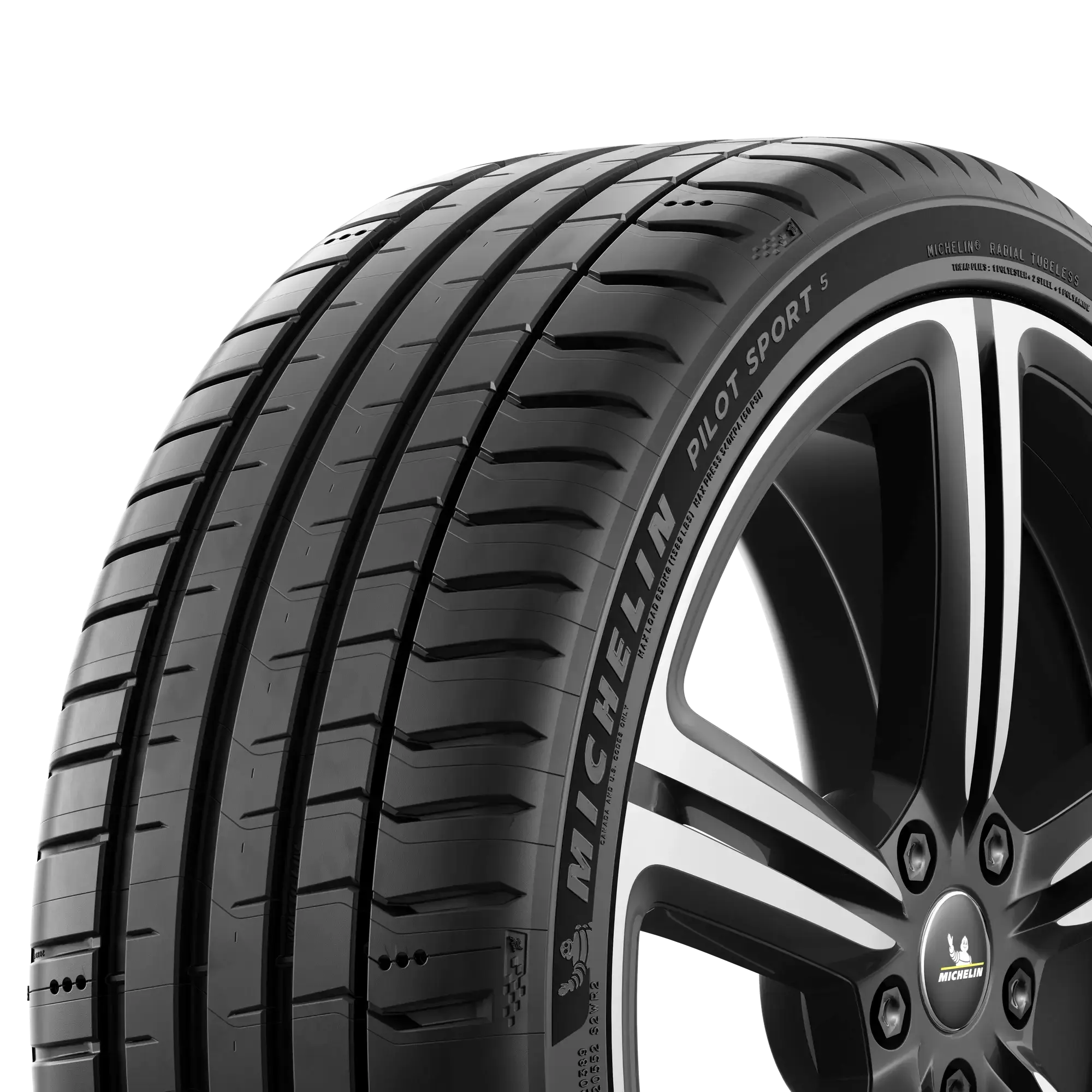 Michelin Pilot Sport 5 – valmistajan yksityiskohtakuva. Kuvan vanne ei sisälly renkaan hintaan. Kokomerkinnät ovat esimerkkikoosta.